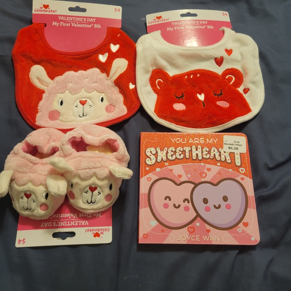 Baby Bibs My First Valentine Lot of 4 items 2 Bibs, Slippers, And Board Book NEW